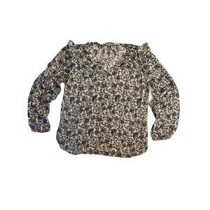 LOFT Women's Floral Ruffle V-Neck Long Sleeve Blouse White Blue Green Pink L